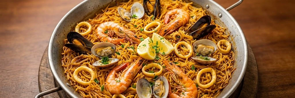Fideuà con gambas, almejas, mejillones y anillas de calamar en paellera